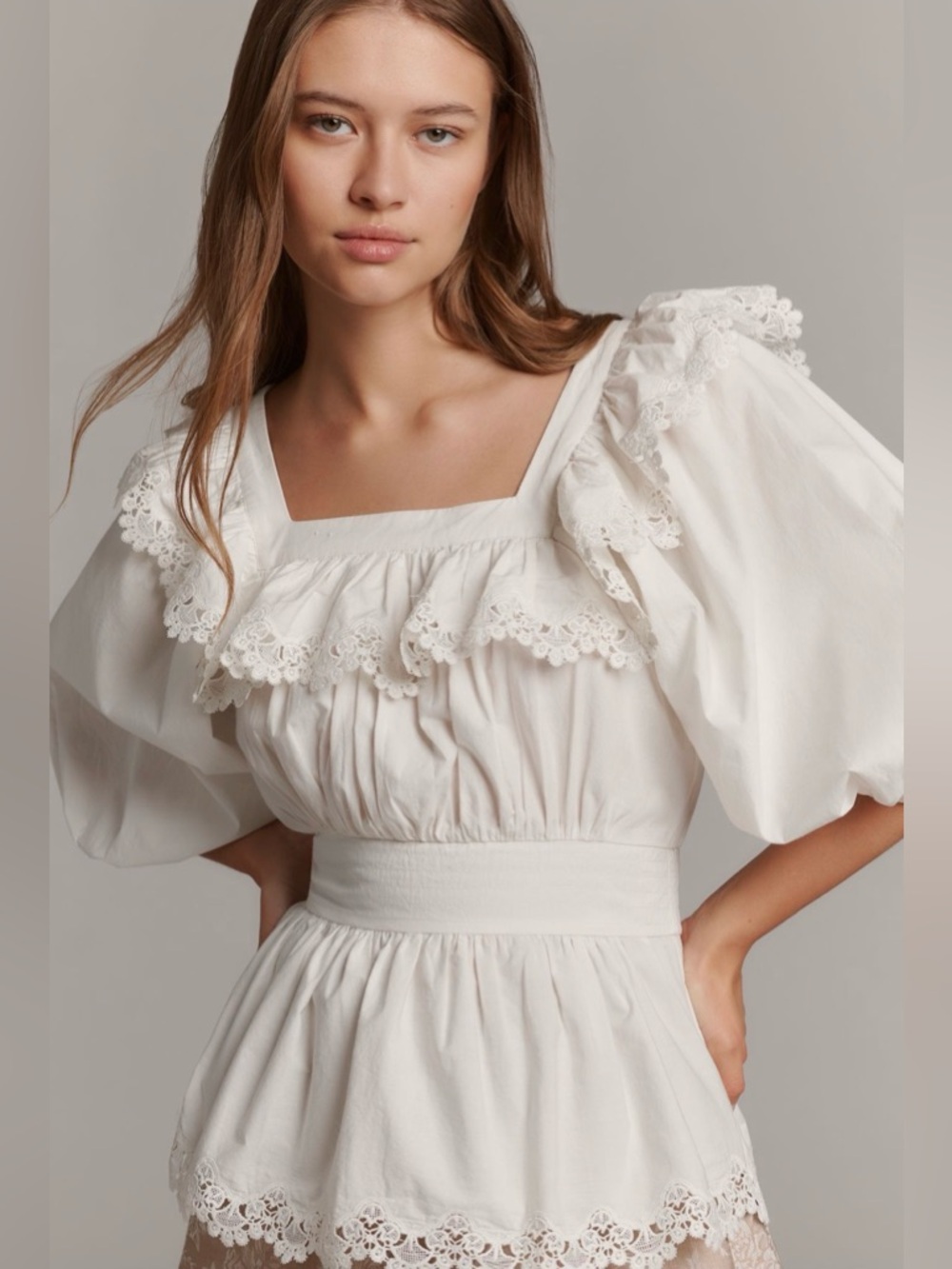 Anthropologie Maeve Peplum Eyelet Lace Trim White Blouse NEW $118 Small Ruffle